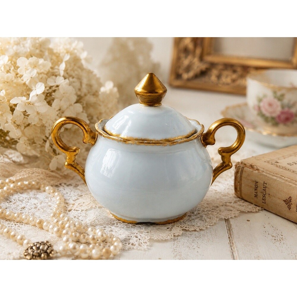 Vintage White Porcelain Lidded Sugar Bowl Gold Gilt Double Handle Cottage Decor